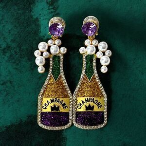 Champagne Large Bottle Statement Earrings with Imitation Pearls